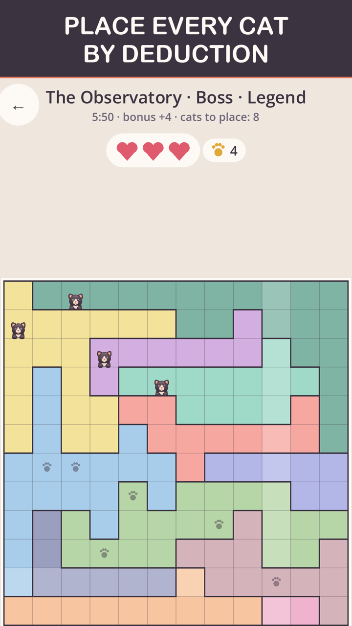 GatitoSudoku boss level in progress — a 12 by 12 grid of pastel territories with cats placed and paw marks crossing out impossible squares, three hearts and a fish counter above