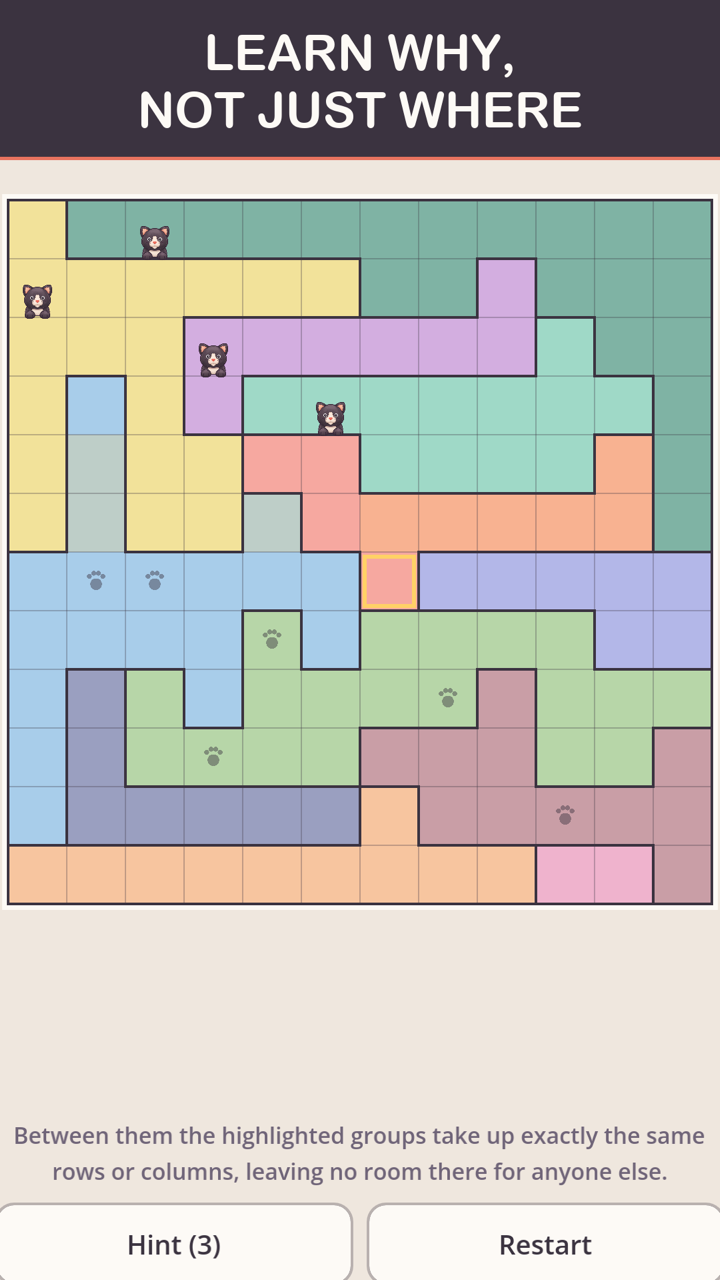 A GatitoSudoku hint explaining the deduction in words — the highlighted groups take up exactly the same rows or columns, leaving no room for anyone else