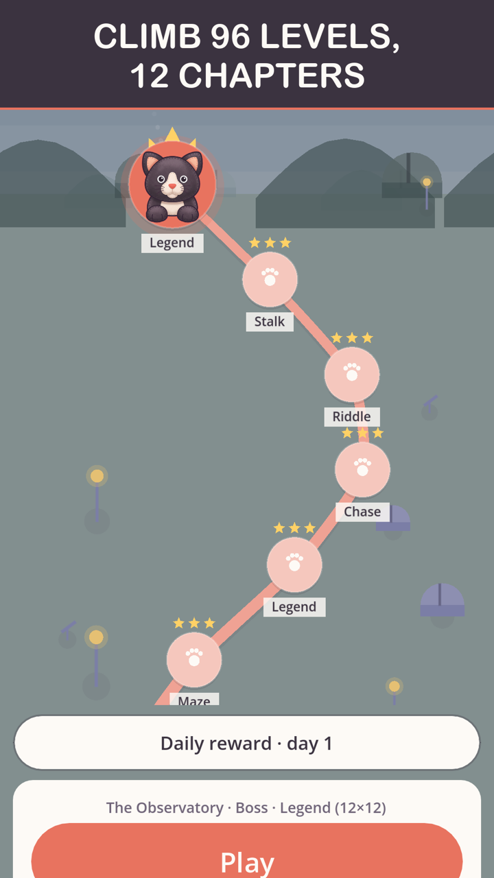GatitoSudoku level map winding up a hill through the Legend, Stalk, Riddle, Chase and Maze levels, with three-star ratings and a daily reward button