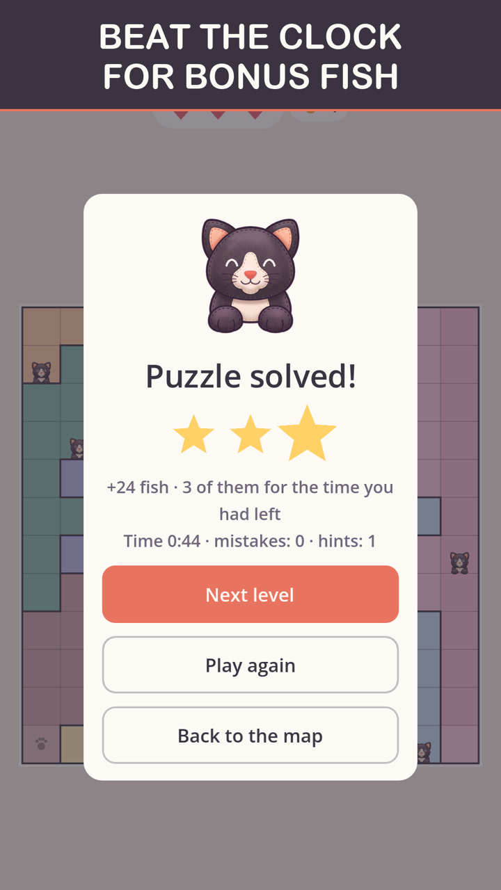 GatitoSudoku victory screen — Puzzle solved, three stars, plus 24 fish with 3 of them for the time left, solved in 44 seconds with zero mistakes