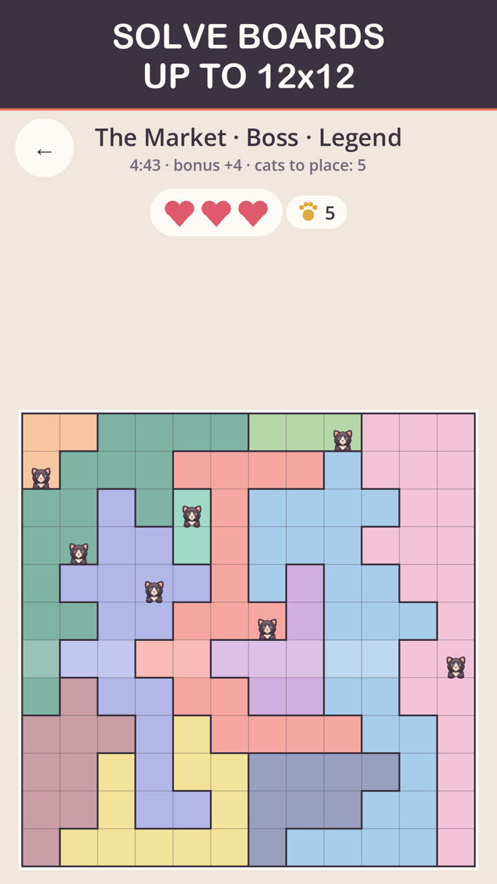 A 12 by 12 GatitoSudoku boss board in the Legend tier with cats already placed across large irregular colour territories