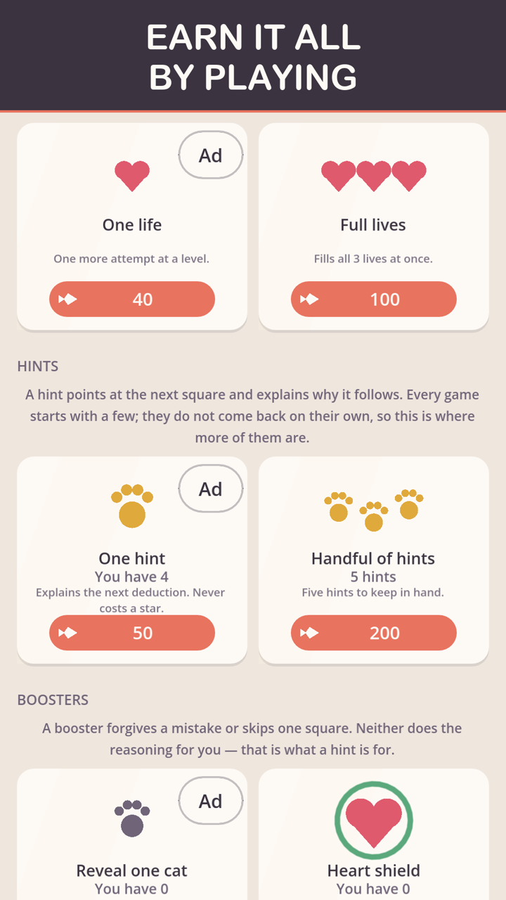 GatitoSudoku shop showing lives, hints and boosters bought with fish or unlocked by watching an optional rewarded ad
